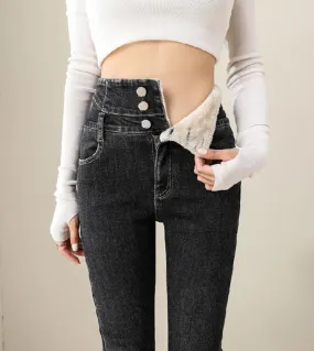 Comemore Winter Thick Plush Vintage Skinny High Waist Jeans Women Plus Size Slim Warm Fleece Denim Trouser Casual Stretc