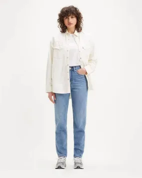 Mom jeans in cotone blu super stone washed a vita alta