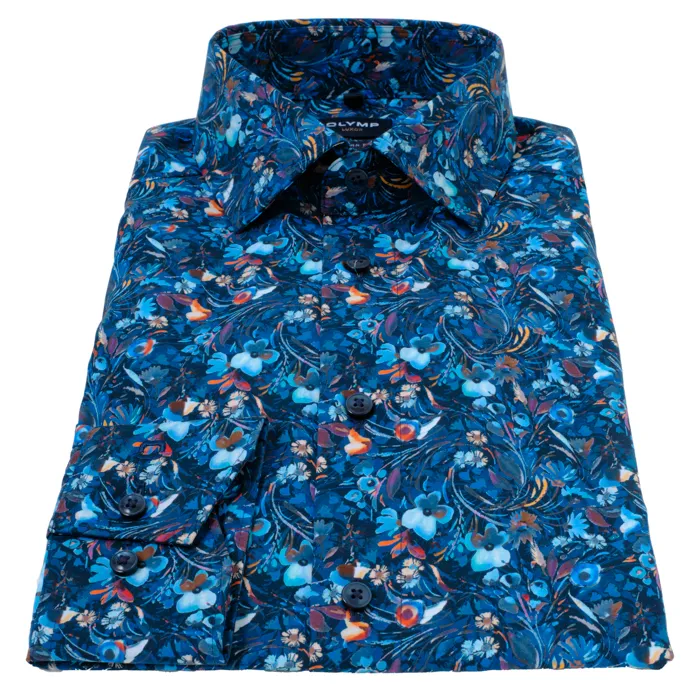 Olympl Luxor Modern Fit Cotton Florel Shirt Fleeve Blue